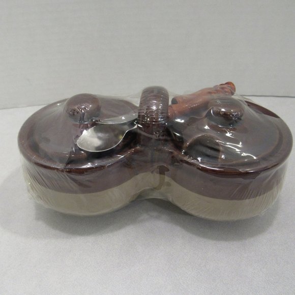 NIP Vtg Stoneware Double Crock Lids Spoons Jelly - Picture 1 of 11